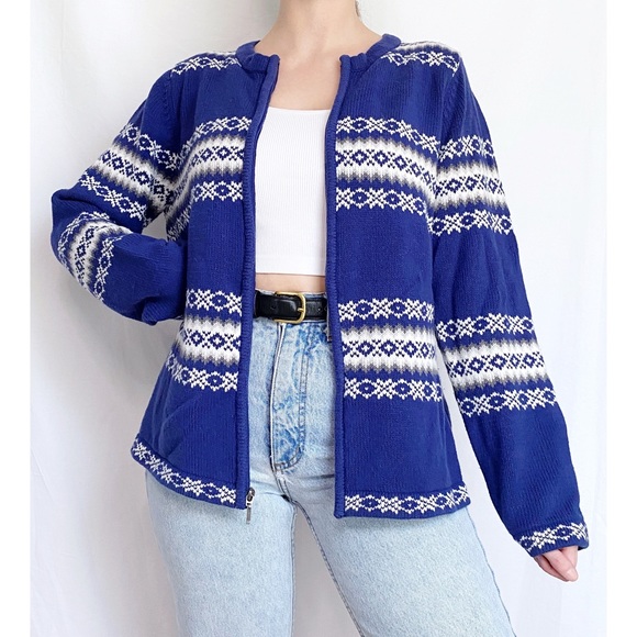 Vintage Retro Fair Isle Blue + White Printed Zip Up Knit Cardigan Sweater - Picture 5 of 12
